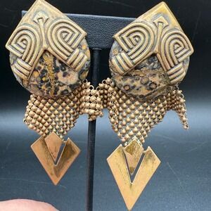 Vintage Beth Orduña Brass Jasper Modernist Mesh Fringe Statement Earrings ClipOn